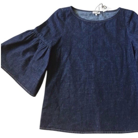 SUNO Slightly Oversized Blue Denim Shirred Bell Sleeve Boxy Blouse size 0 - Picture 7 of 11